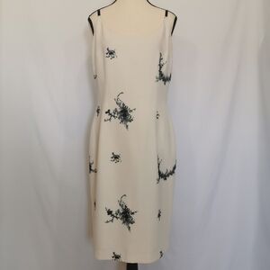 Maggy London Spaghetti Strap Sheath Dress in White with Black Embroidery - Sz 12